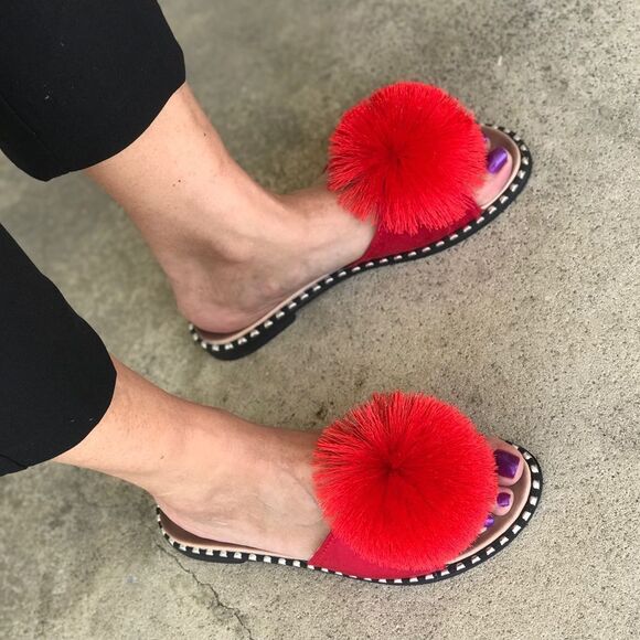 Restock! Rio Red Pom Pom Mule Padded Slide Sandals - Picture 5 of 9